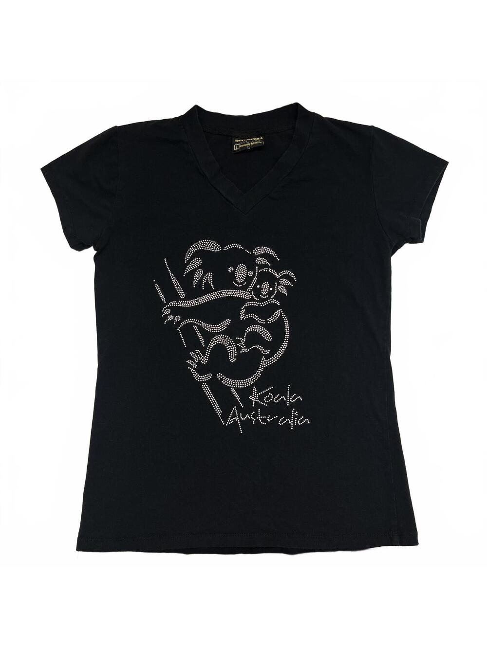 Hoxley Australia Black Koala Rhinestones Design V Neck T Shirt Sz L Vacation